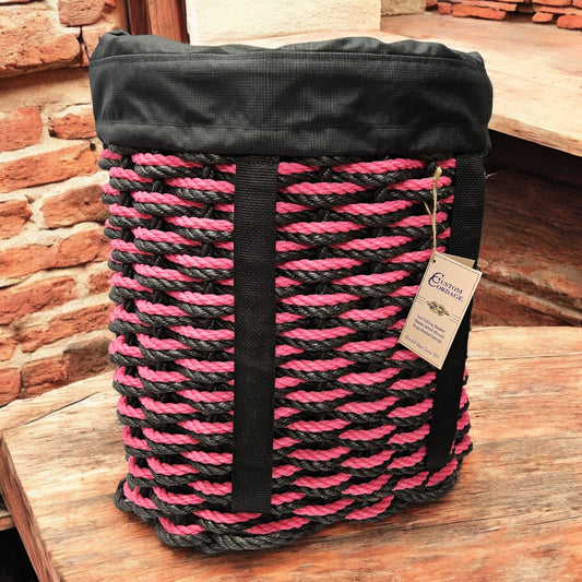 Handcrafted Woven Rope Ice Fishing & Pack Basket – Black Pink Double Weave, Black Shoulders Straps, Optional Black Liner -Made in Maine