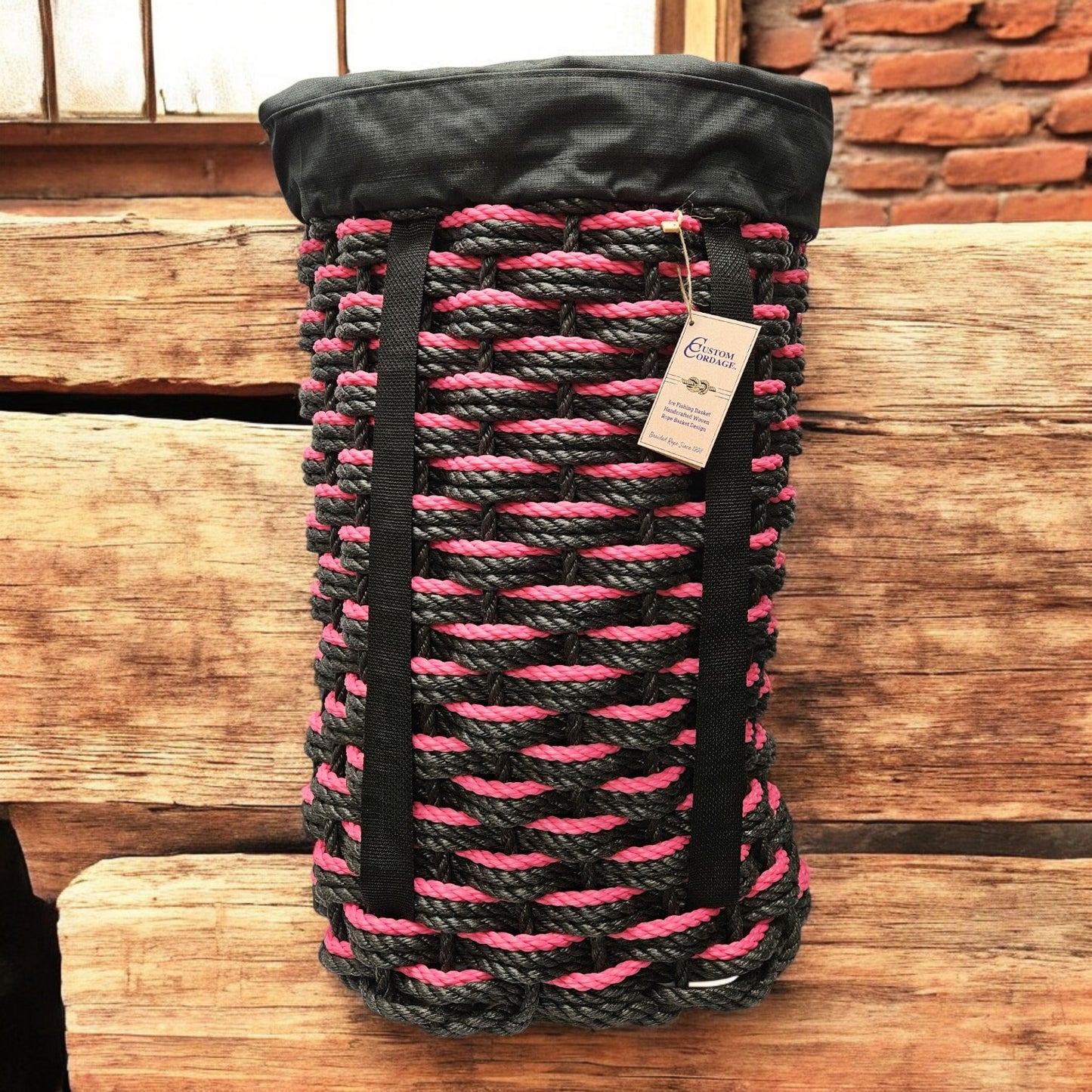 Handcrafted Woven Rope Ice Fishing & Pack Basket – Black Black Pink Triple Weave, Black Shoulder Straps, Optional Black Liner - Made in Maine