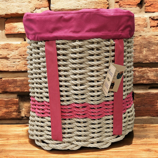 Handcrafted Woven Rope Ice Fishing & Pack Basket – Light Tan / Pink, Pink Shoulder Straps, Optional Pink Liner - Made in Maine