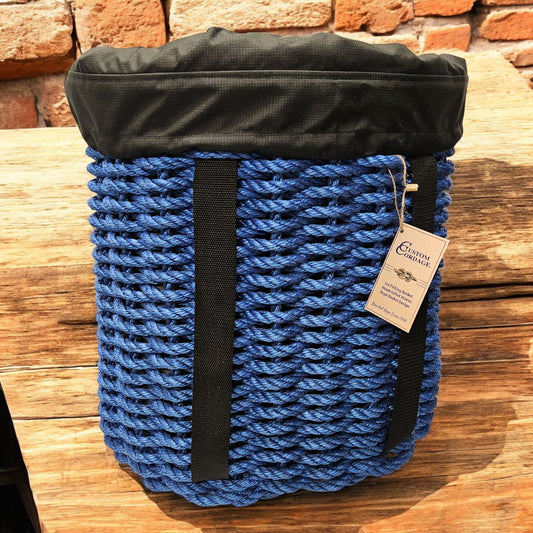 Handcrafted Woven Rope Ice Fishing & Pack Basket - Royal Blue, Black Shoulder Straps, Optional Black Liner - Made in Maine