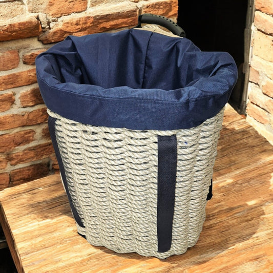 Handcrafted Woven Rope Ice Fishing & Pack Basket – Light Tan, Navy Shoulder Straps, Optional Navy Liner -Made in Maine