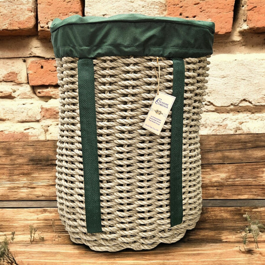 Handcrafted Woven Rope Ice Fishing & Pack Basket – Dark Tan, Hunter Green Shoulder Straps, Optional Hunter Green Liner -Made in Maine