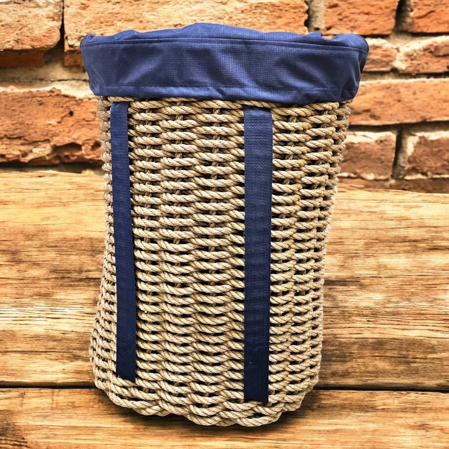 Handcrafted Woven Rope Ice Fishing & Pack Basket - Brown, Navy Shoulder Straps, Optional Navy Liner – Made in Maine