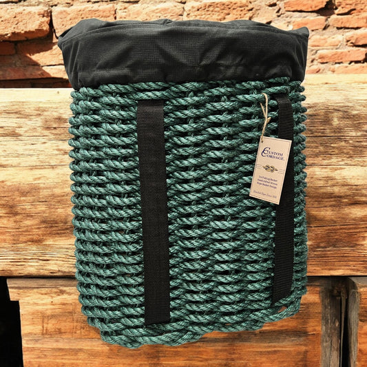 Handcrafted Woven Rope Ice Fishing & Pack Basket – Hunter Green, Black Shoulder Straps, Optional Black Liner - Made in Maine