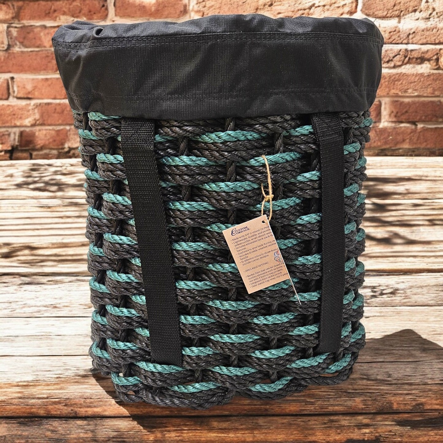 Handcrafted Woven Rope Ice Fishing & Pack Basket – Black Black Hunter Green Triple Weave, Black Shoulder Straps, Optional Black Liner - Made in Maine