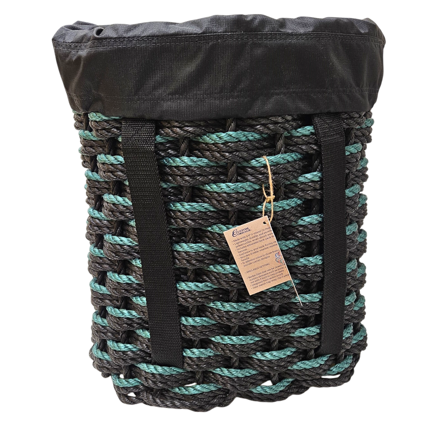 Handcrafted Woven Rope Ice Fishing & Pack Basket – Black Black Hunter Green Triple Weave, Black Shoulder Straps, Optional Black Liner - Made in Maine