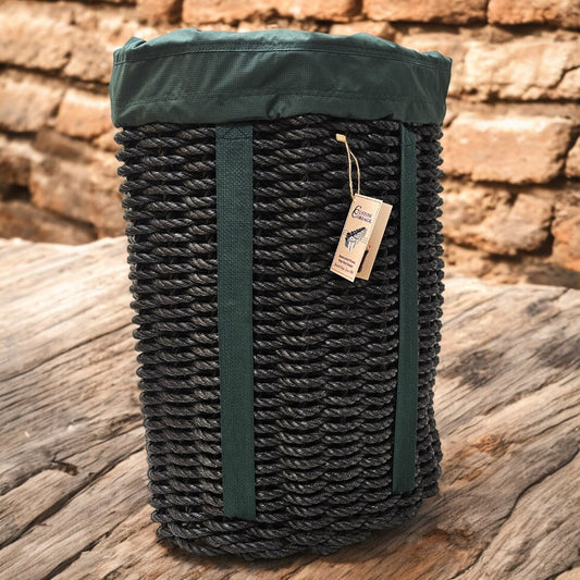 Handcrafted Woven Rope Ice Fishing & Pack Basket – Black, Hunter Green Shoulder Straps, Optional Hunter Green Liner - Made in Maine