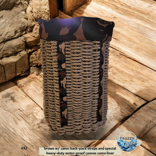 453 Handcrafted Woven Rope Ice Fishing & Pack Basket – Brown, Camo Backpack Straps, Waterproof Heavy Duty Canvas Camo Liner - Made in Maine