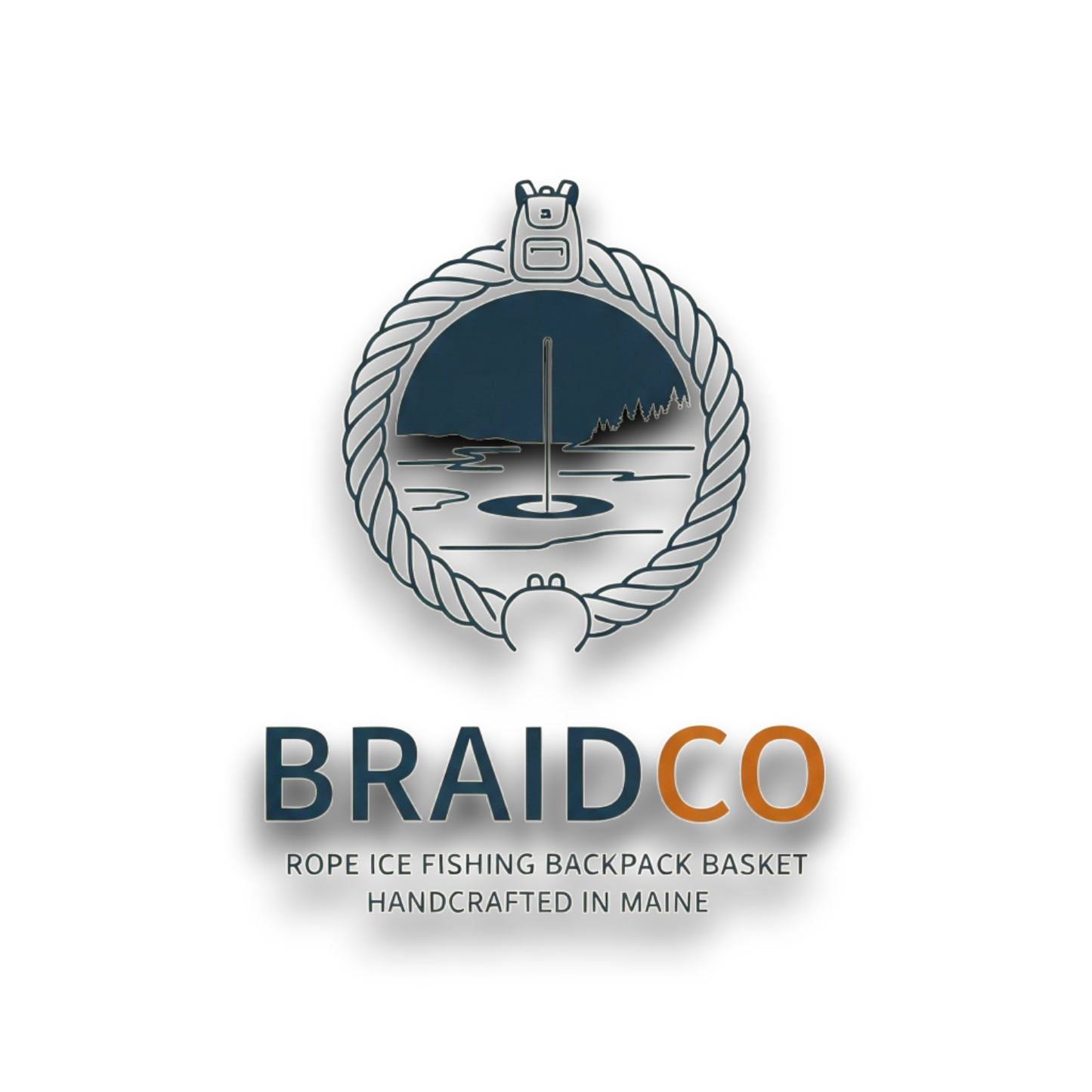 422 Handcrafted Woven Rope Ice Fishing & Pack Basket – Silver, Navy Backpack Straps, Navy Liner - Made in Maine