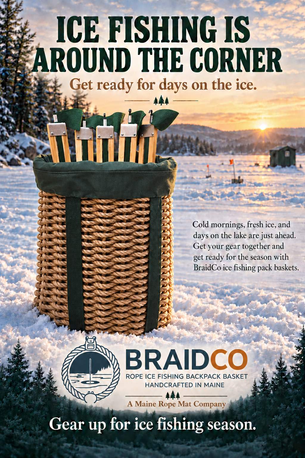 413 Handcrafted Woven Rope Ice Fishing & Pack Basket - Made in Maine
