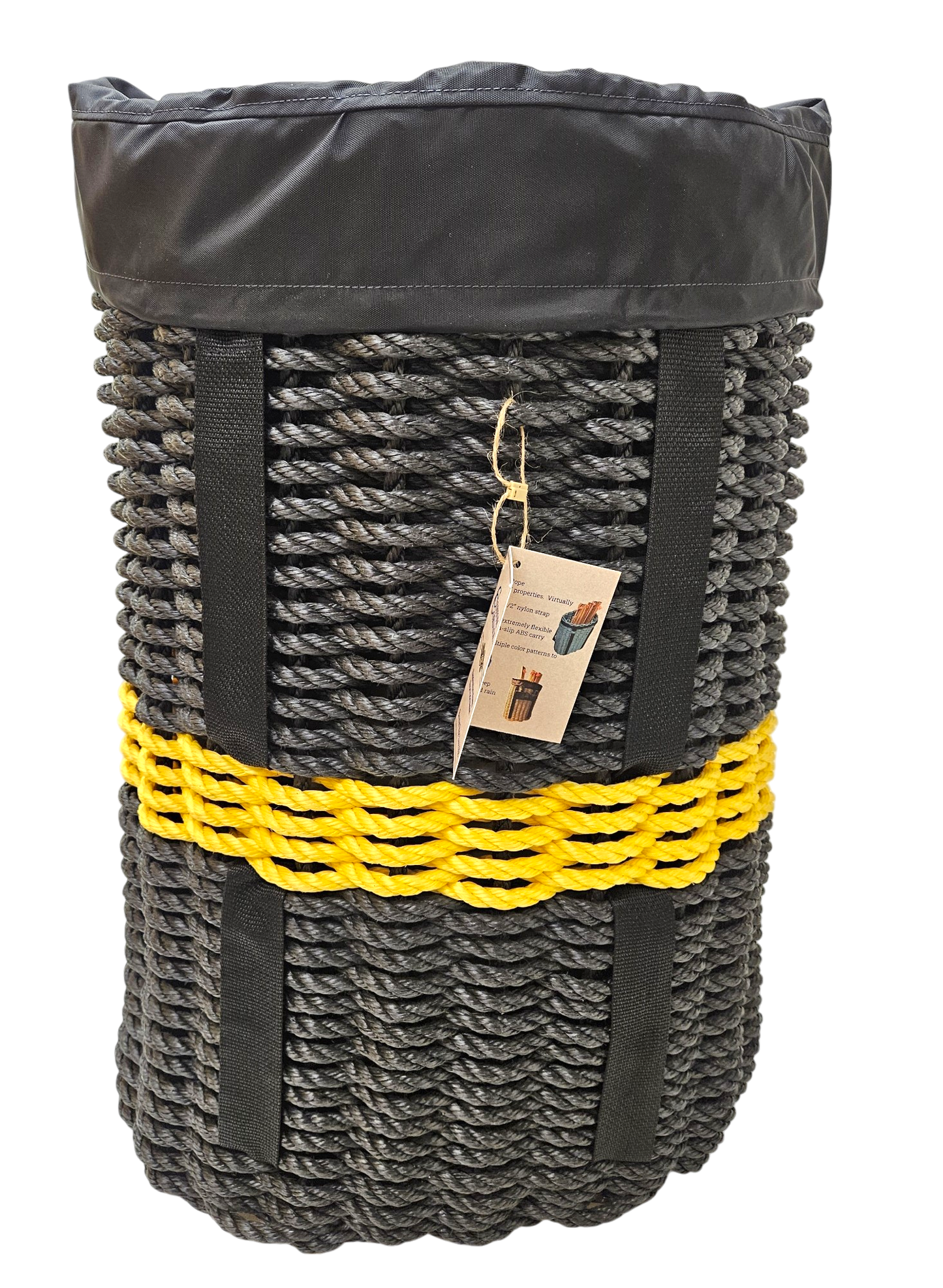 Handcrafted Woven Rope Ice Fishing & Pack Basket – Black Yellow Line, Black Shoulder Straps, Optional Black Liner - Made in Maine