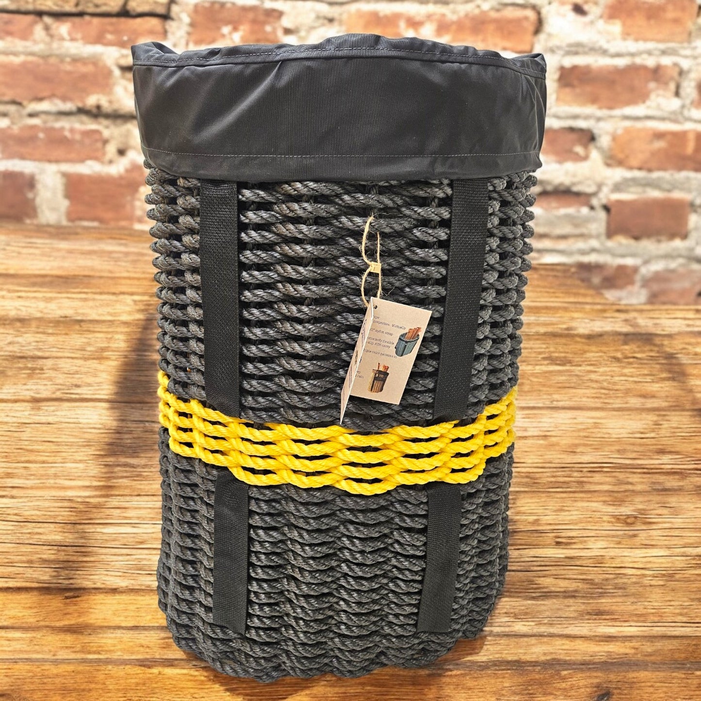 Handcrafted Woven Rope Ice Fishing & Pack Basket – Black Yellow Line, Black Shoulder Straps, Optional Black Liner - Made in Maine