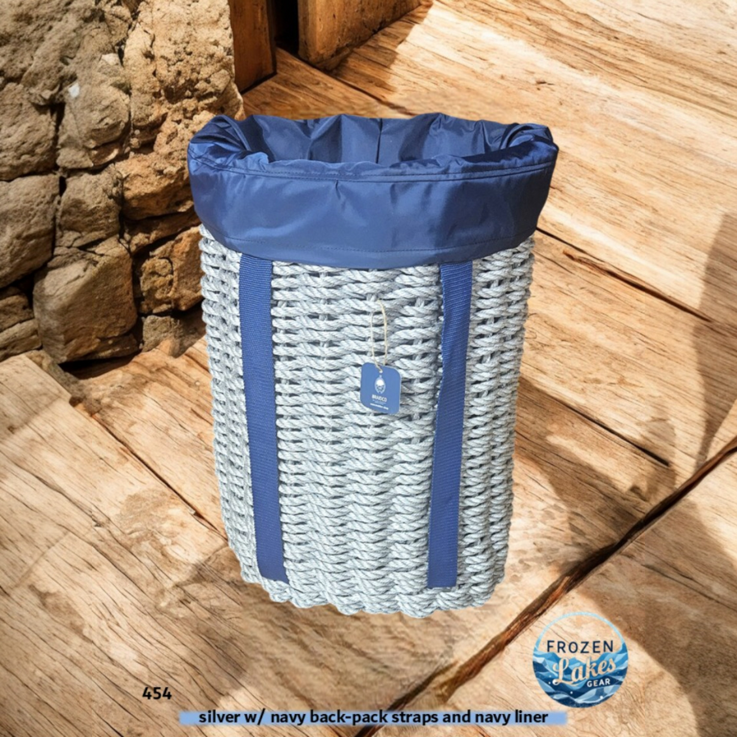 422 Handcrafted Woven Rope Ice Fishing & Pack Basket – Silver, Navy Backpack Straps, Navy Liner - Made in Maine