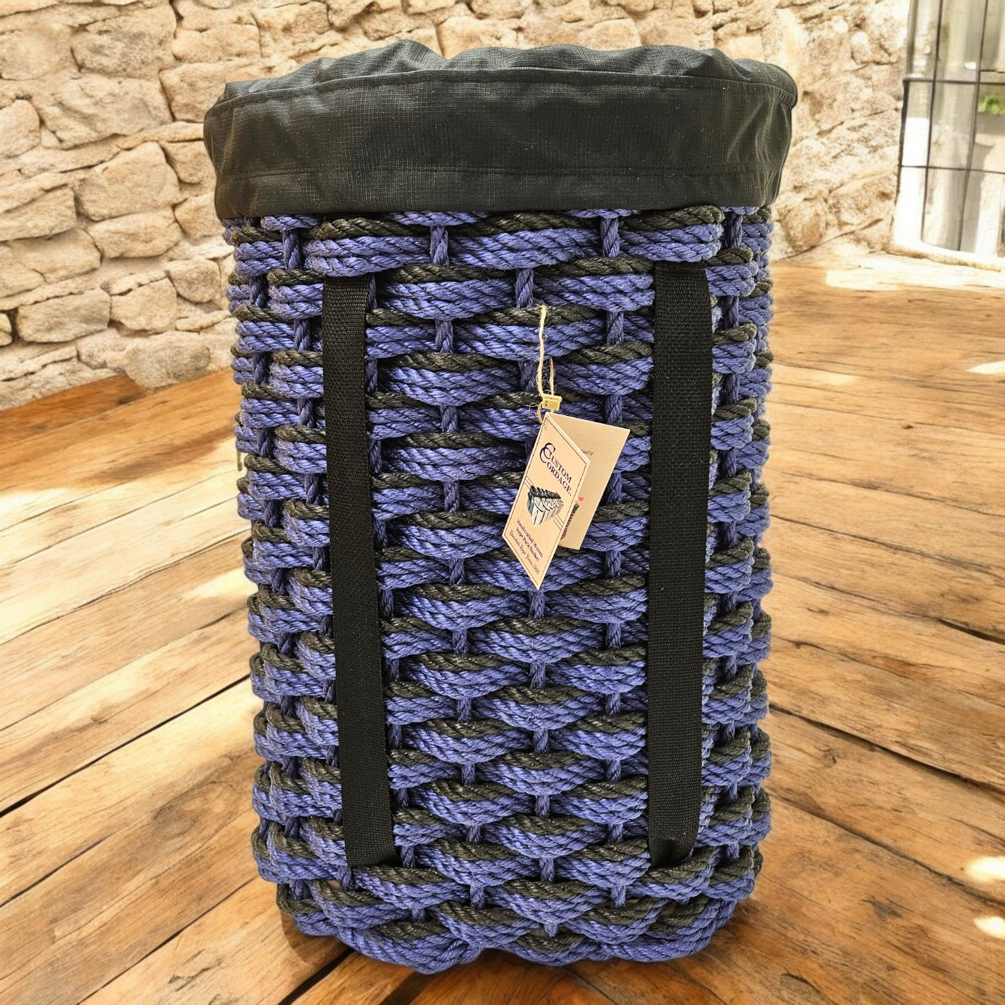 442 Handcrafted Woven Rope Ice Fishing Pack Basket, Purple Purple Black Triple Weave, Black Shoulder Straps, Black Liner - Made in Maine