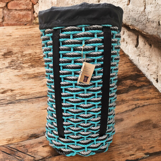 Handcrafted Woven Rope Ice Fishing & Pack Basket – Teal Black Silver TW, Black Shoulder Straps, Optional Black Liner - Made in Maine