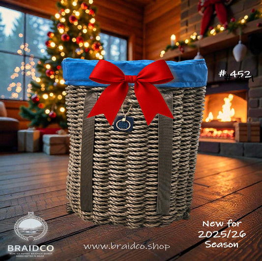 452 Handcrafted Woven Rope Ice Fishing Pack Basket, Brown, Blue Shoulder Straps, Blue Liner - Made in Maine