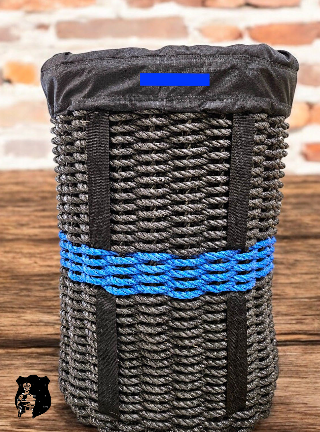 Handcrafted Woven Rope Ice Fishing & Pack Basket – Thin Blue Line, Black Shoulder Straps, Optional Black Liner - Made in Maine