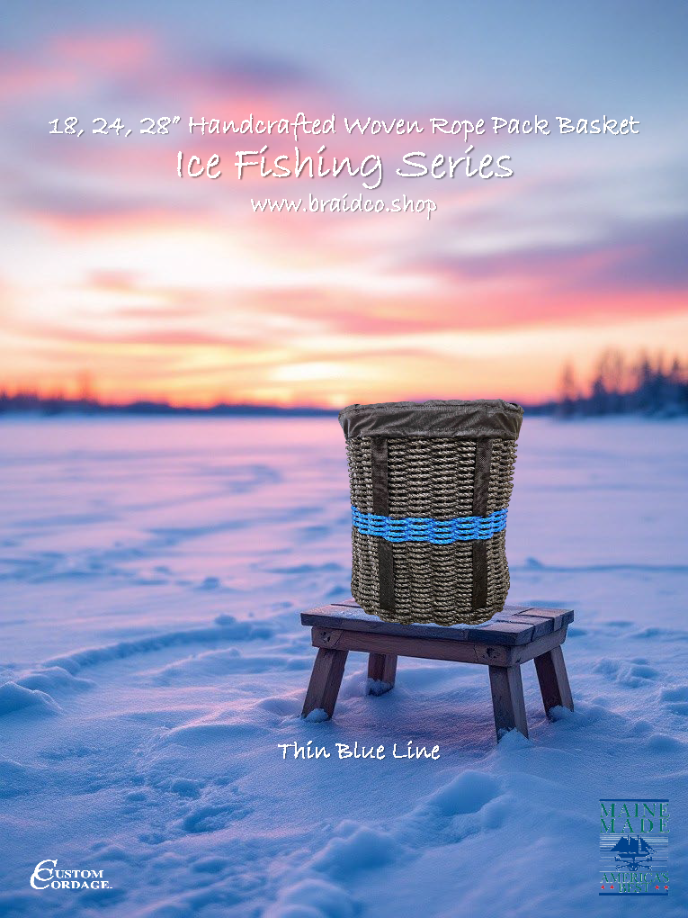 Handcrafted Woven Rope Ice Fishing & Pack Basket – Thin Blue Line, Black Shoulder Straps, Optional Black Liner - Made in Maine