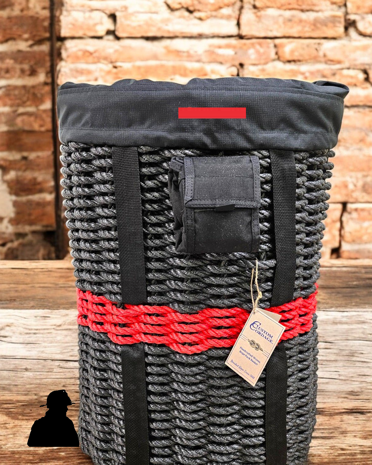 Handcrafted Woven Rope Ice Fishing & Pack Basket – Thin Red Line, Black Shoulder Straps, Optional Black Liner, Optional Tackle Pouch - Made in Maine